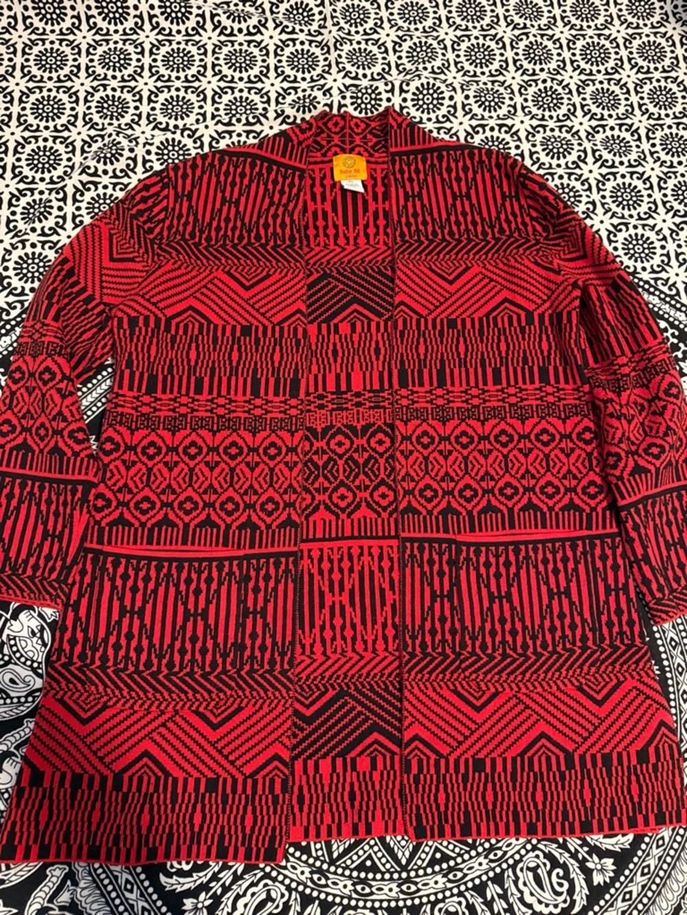 Red and Black Geometric Knit Cardigan